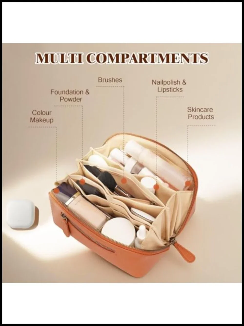 Large Waterproof PU Leather Travel Makeup Bag with Dividers & Handle 2L